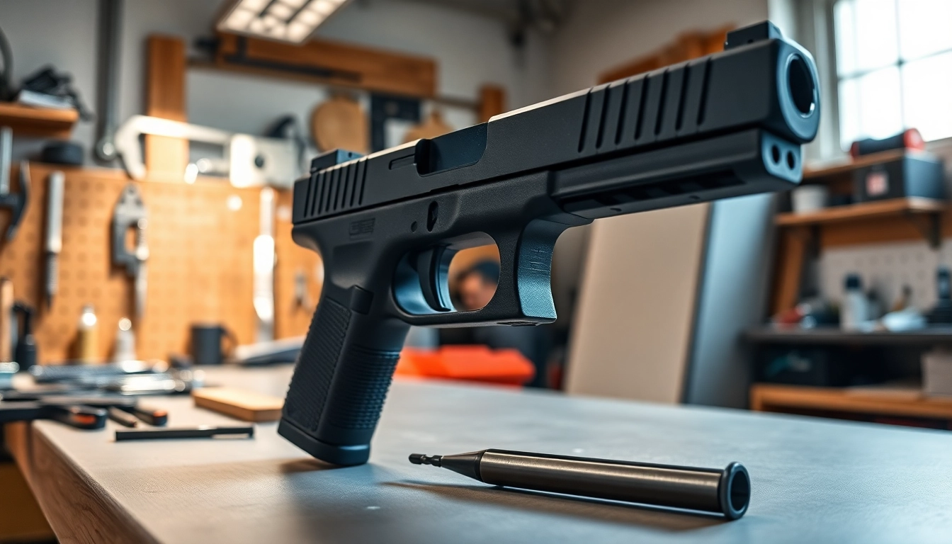 Assembling a polymer 80 glock 17 frame in a workshop with detailed focus.