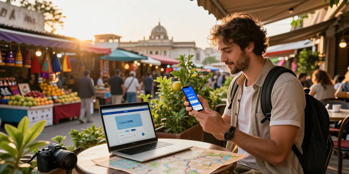 Traveler at café comparing eSIM plans with Cupones eSIM on laptop, vibrant market background.