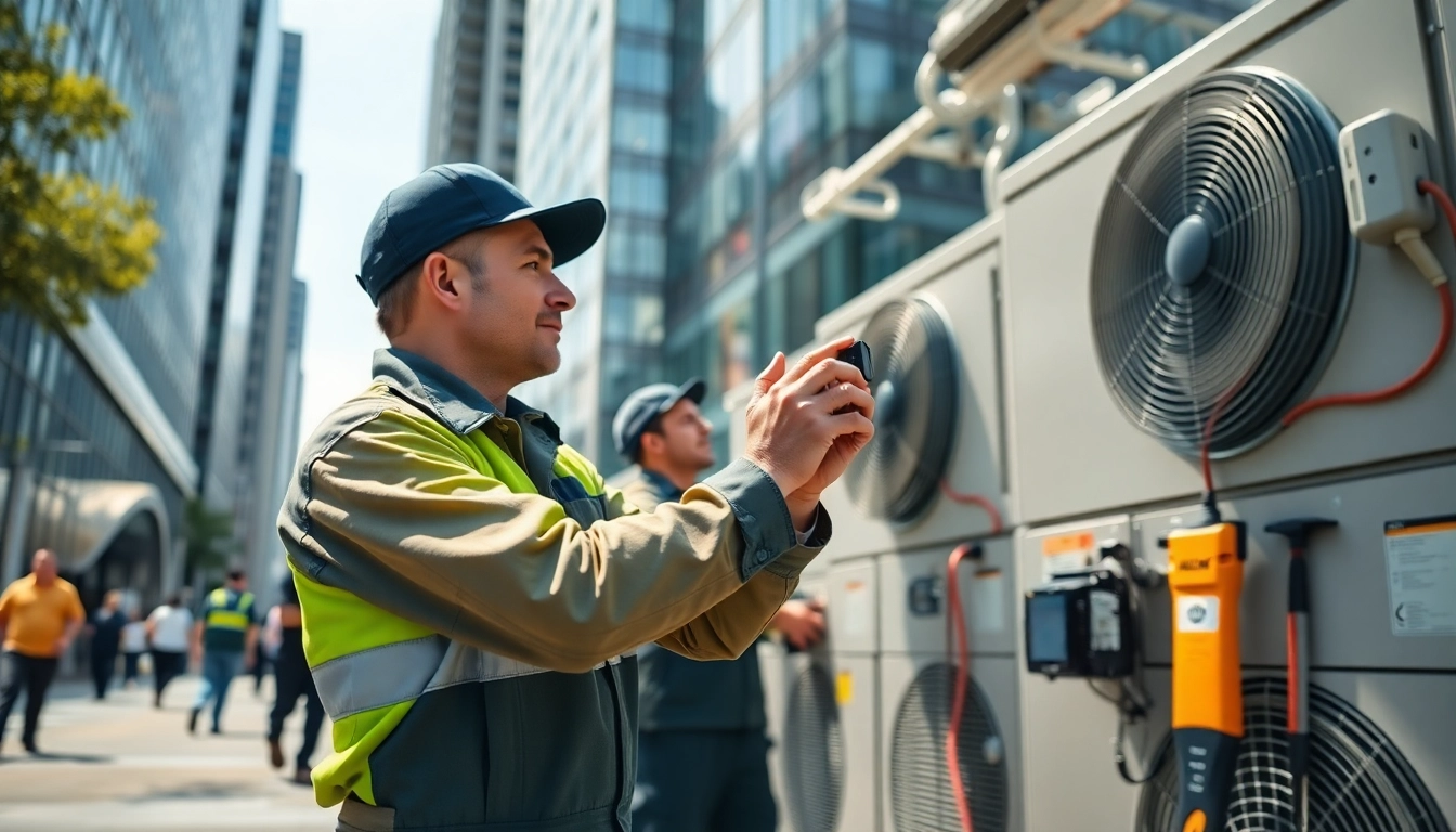 HVAC dealers assisting customers with heating and cooling solutions in a busy city environment.