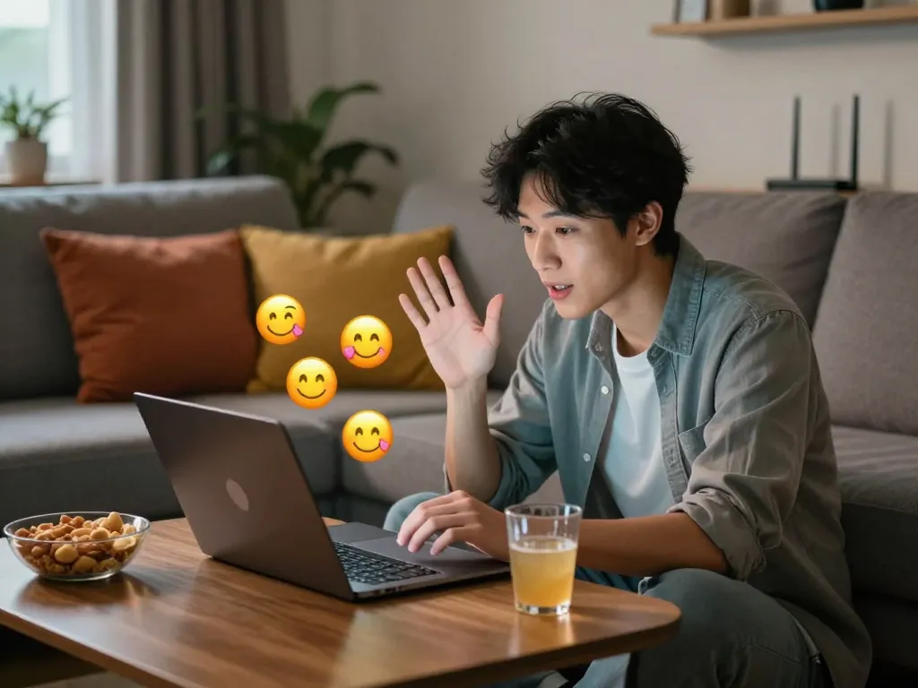 Youthful adult engaging in sex chat AI conversation at home, cozy setting with modern decor and relaxed ambiance.