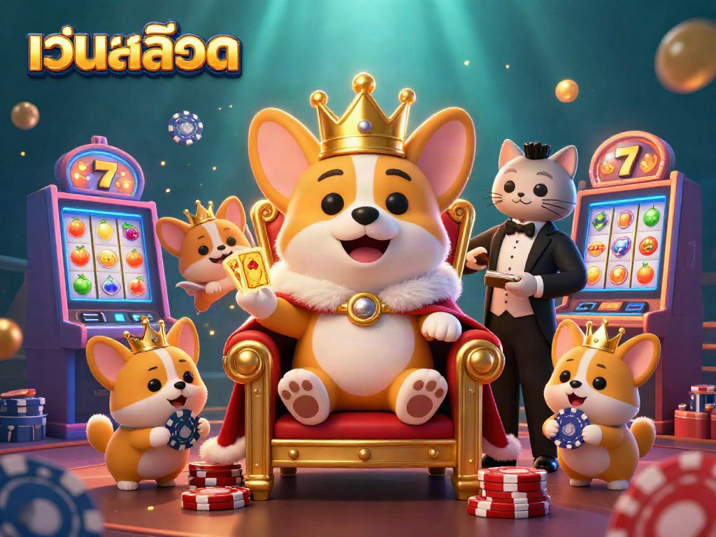Experience thrilling เว็บสล็อต action with colorful slot machines and royal characters celebrating wins.