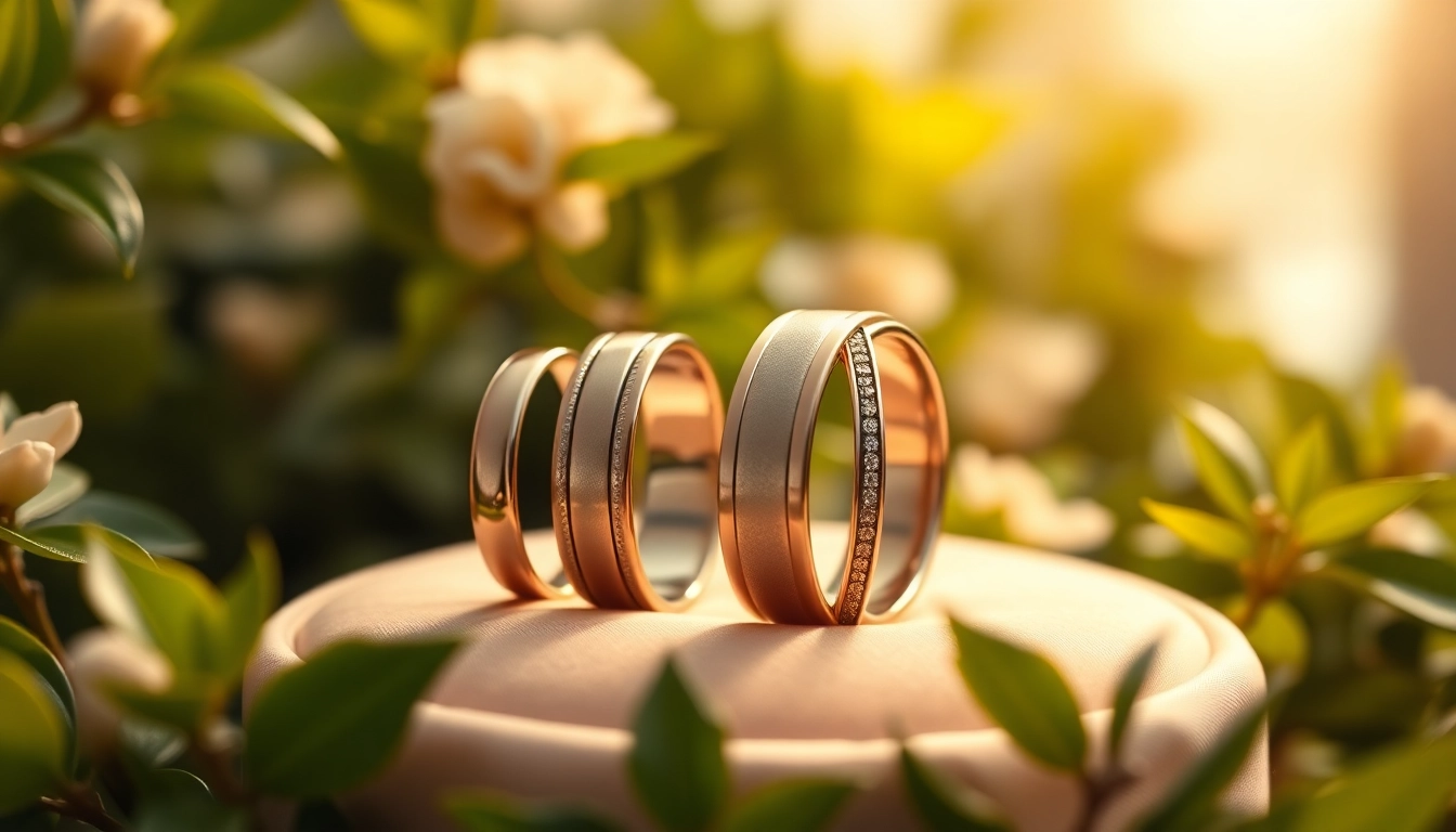 Showcasing beautiful wedding bands with intricate designs and a romantic backdrop.