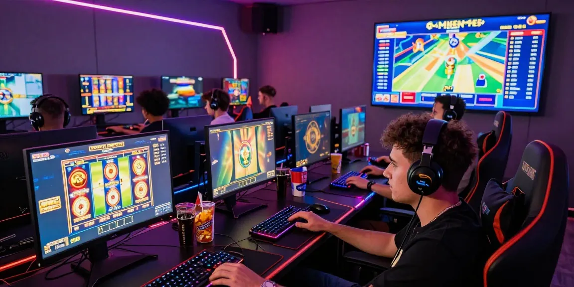 Online gaming scene with players engaging in slot games, showcasing vibrant graphics and immersive setups.