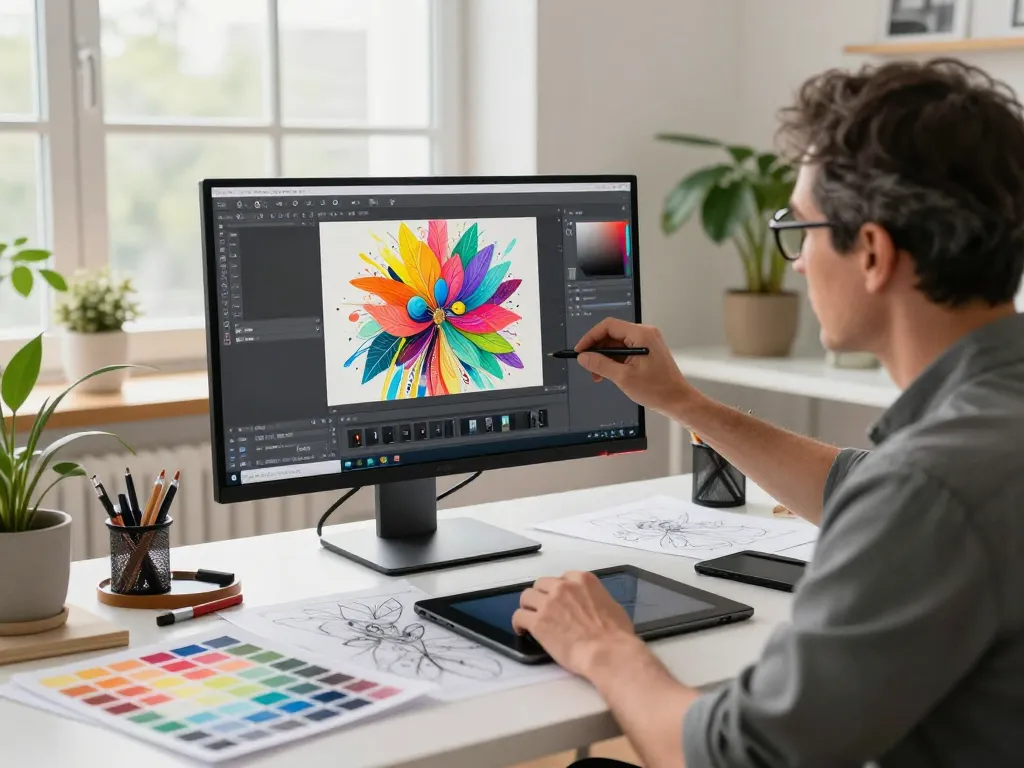 Artist using nano banana 2 for advanced image editing in a vibrant studio.