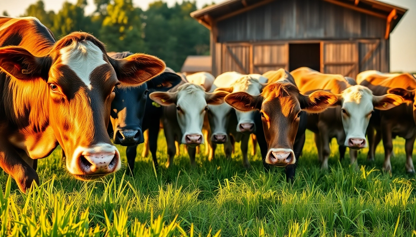 Cattle Feed nourishes vibrant cattle in a lush green pasture under golden sunset light.