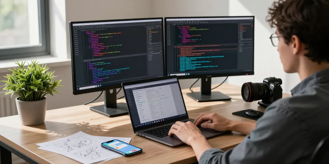 Developer coding telegram中文版 on dual monitors in a modern office.