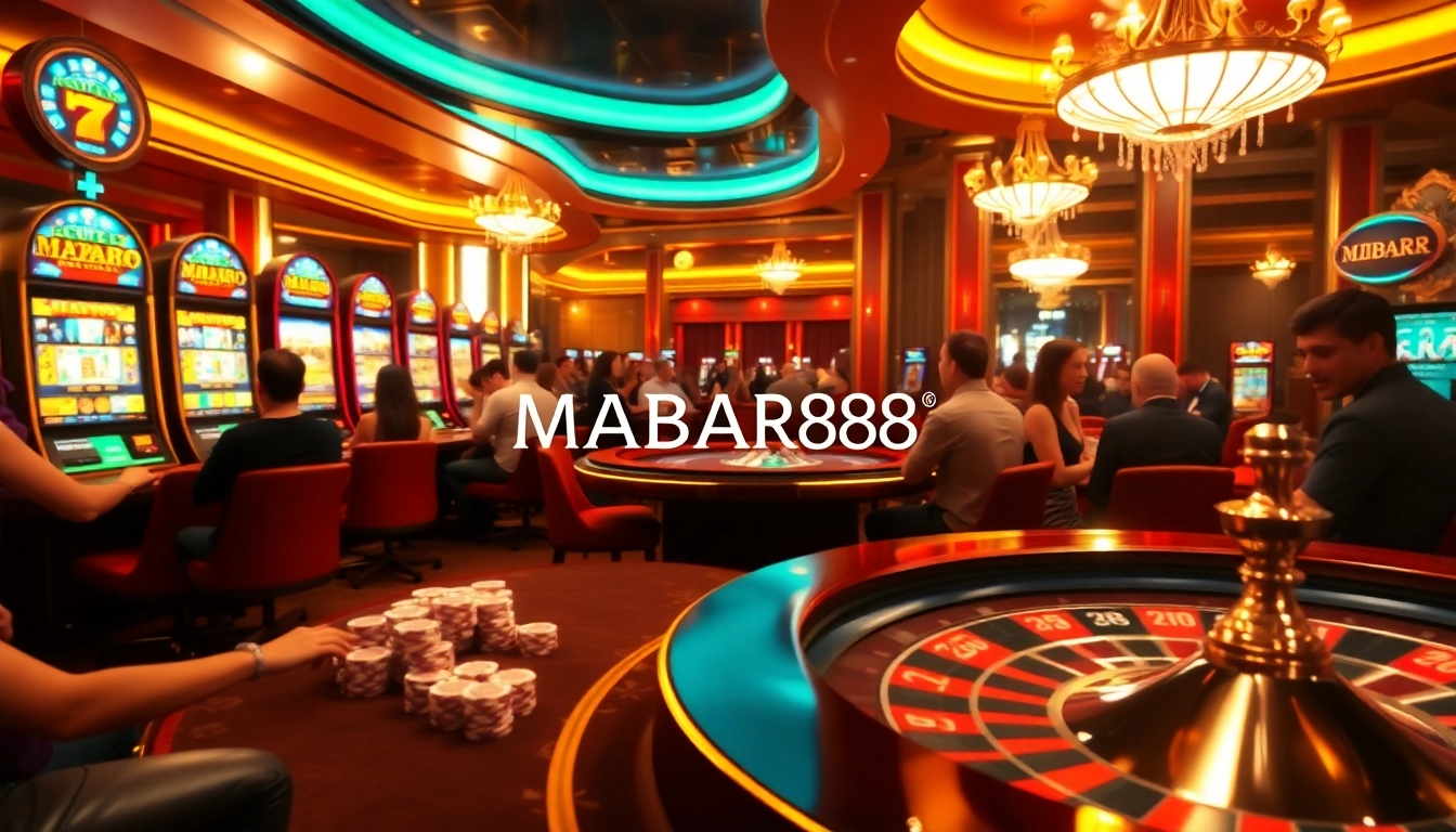 Petaruh menikmati suasana penuh energi di MABAR88, dikelilingi mesin slot dan meja poker.