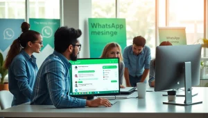 Demonstrating whatsapp business api integration in a collaborative office with team members engaged.