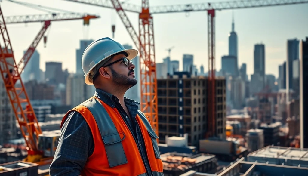 Manhattan General Contractor managing a busy construction site with a city skyline backdrop.