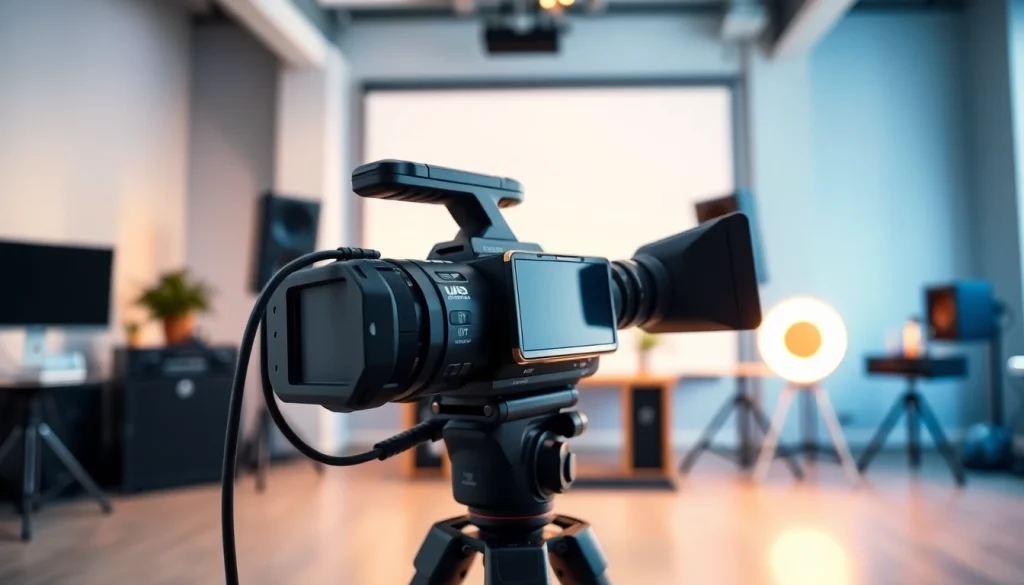 Capture high-quality video capture with a professional camcorder setup in a studio.