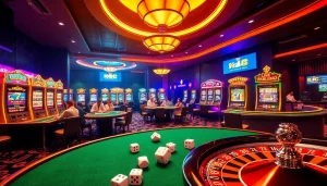 KJC casino scene showcasing table games, slot machines, and excited players.
