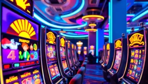 Permainan diantogel slot yang menarik dengan mesin slot berwarna-warni dan suasana kasino yang ceria.