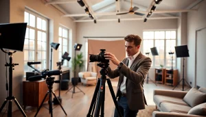 Professional commercial photographer in Milan adjusting camera for a shoot