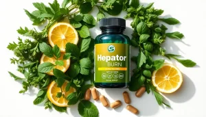 Read hepatoburn reviews showcasing the bottle with natural herbs like mint and lemon.