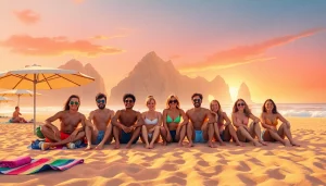 Capture insider tips for Cabo with friends enjoying a beach sunset in this vibrant scene.