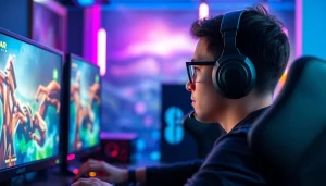 Menampilkan daftar ggsoft game saat seorang gamer terfokus di depan komputer gamingnya.