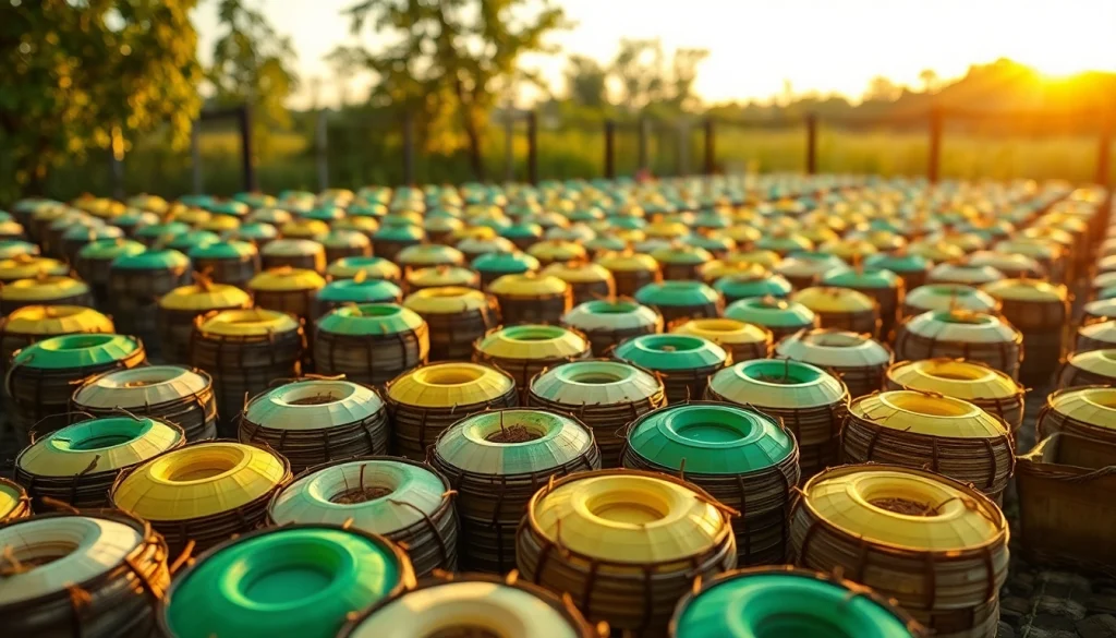 Colmenas de plástico brillantes en un apiario al atardecer, mostrando su diseño eficiente y funcional.