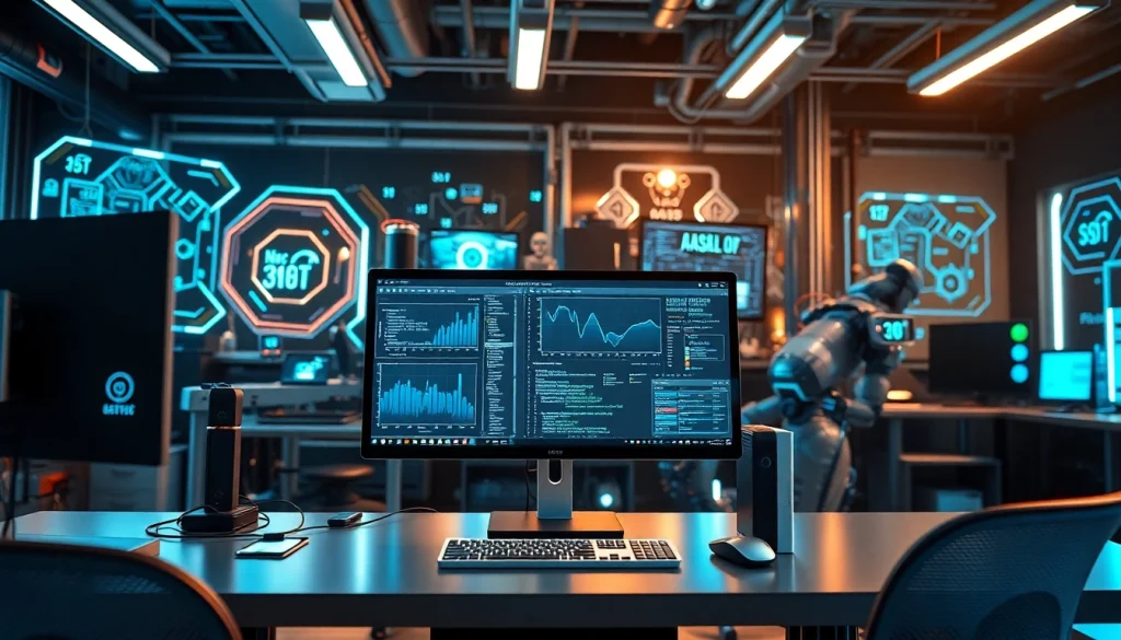 Showcase of Technology-driven workspace with advanced computer setup and innovative design.