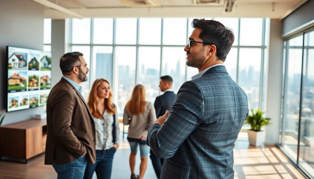 Showcasing a real estate agent consulting with clients amidst vibrant property listings.