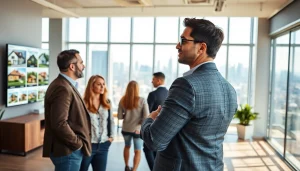 Showcasing a real estate agent consulting with clients amidst vibrant property listings.