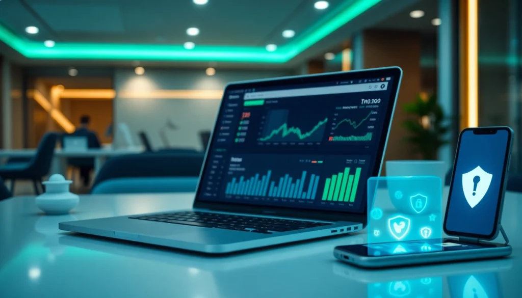 Современная сцена цифровых финансовых услуг, подчеркивающая доверие и безопасность онлайн-платформ страхования в 2025 году.