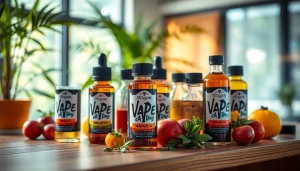 Vape liquid bottles displaying vibrant flavors und frisch in einem stilvollen Setting.