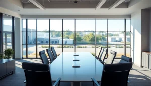 Illustrate industrial leasing office with modern design and industrial views.