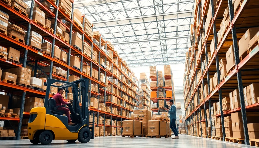 Optimize warehousing operations with a bustling interior filled with organized shelves and staff managing inventory.