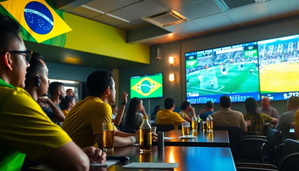 Experience the excitement of sports betting Brazil with enthusiastic fans in a lively bar setting.