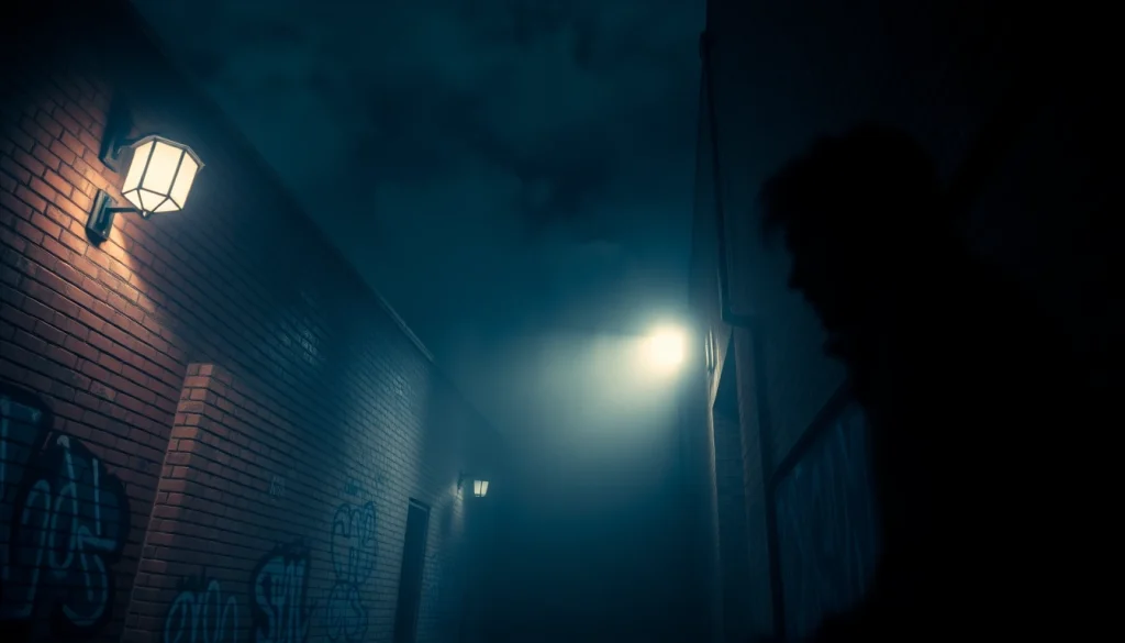 Shadowy figure in a suspenseful alley, embodying the essence of a Thriller book.