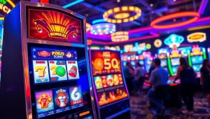 Mainkan slot dengan mesin slot yang berwarna-warni, dikelilingi oleh suasana kasino yang enerjik.