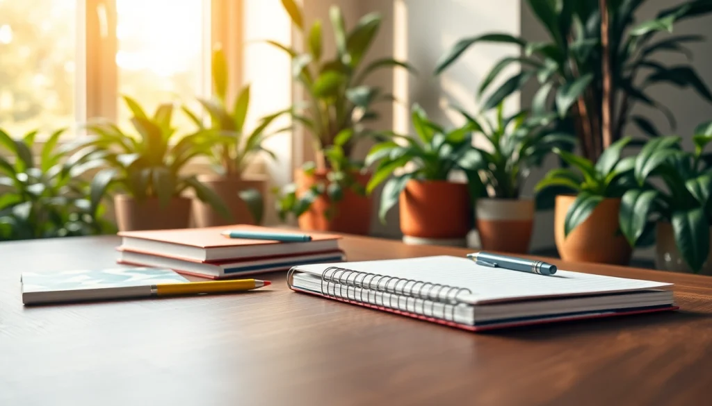 Organized office stationery uk on a sleek desk surrounded by greenery, enhancing workspace productivity.