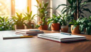 Organized office stationery uk on a sleek desk surrounded by greenery, enhancing workspace productivity.