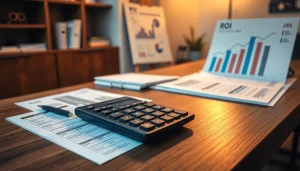 Calcul du ROI immobilier avec une calculatrice sur table, démontrant des analyses financières précises.