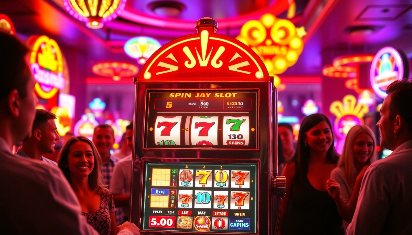 Slot mesin berwarna-warni menarik perhatian pemain casino di lingkungan penuh semangat.