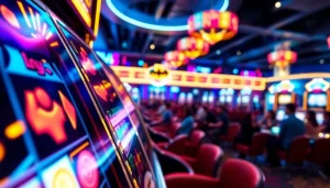 Permainan batman138 slot yang menarik dengan lampu neon menghiasi kasino.