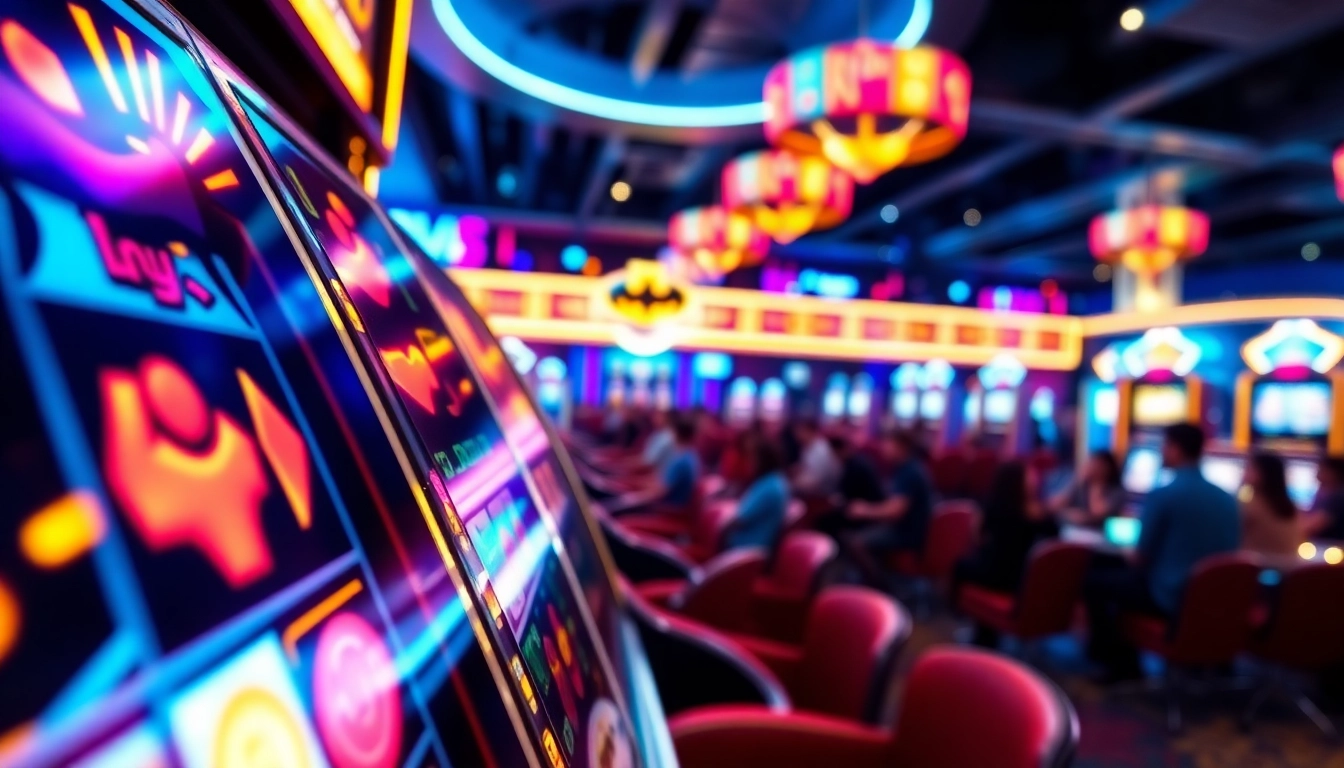 Permainan batman138 slot yang menarik dengan lampu neon menghiasi kasino.