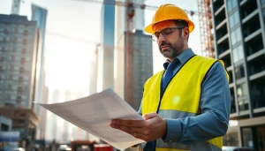 New York City Construction Manager analyzing blueprints at a vibrant construction site.