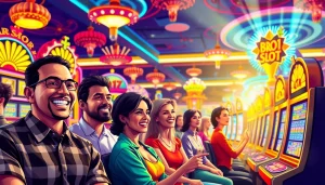 Mainkan bro138 slot sambil menikmati suasana ceria di kasino dengan mesin slot berkilau.