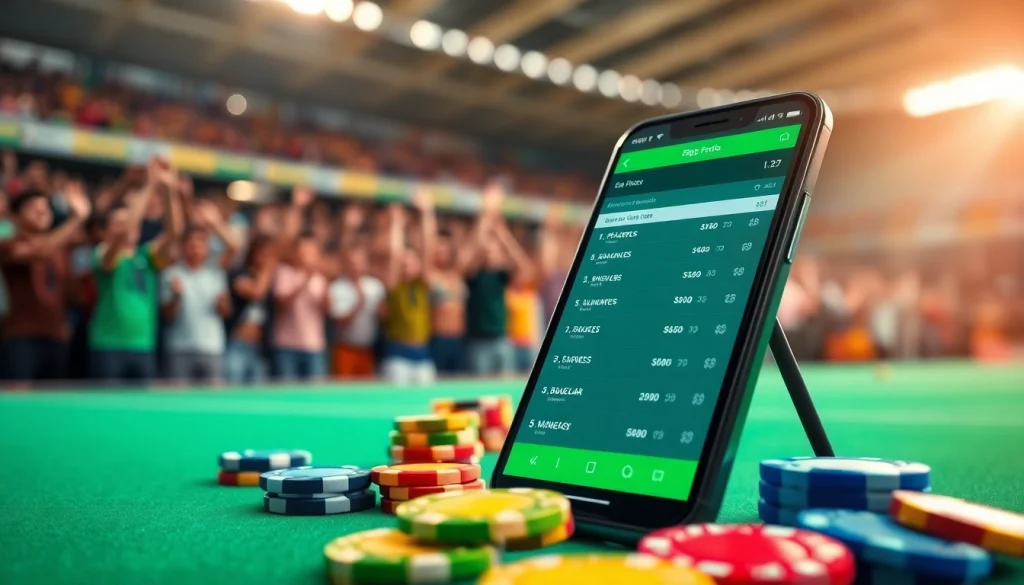 Engaging visual of best sports betting sites in India showcased on a smartphone amid a colorful, lively sports backdrop.