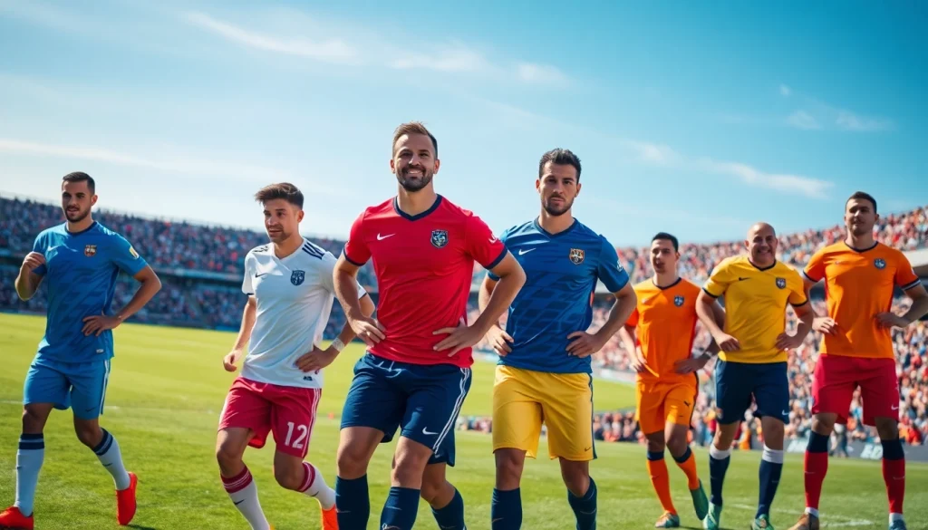 Showcasing cheap football kits worn by players on a sunlit pitch, portraying vibrant designs and team spirit.