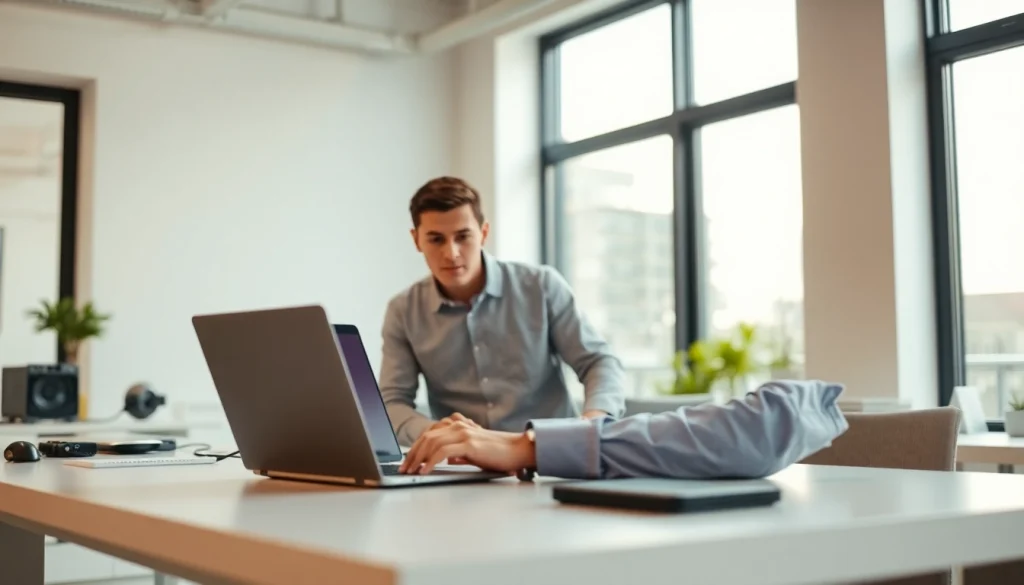 Offering computer help by a focused technician working on a laptop in a professional office.
