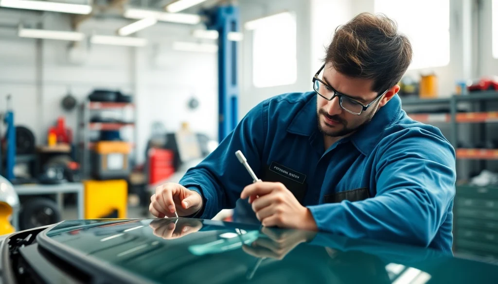 Technician executing a Windshield Replacement with precision tools in a bright, modern auto repair shop.