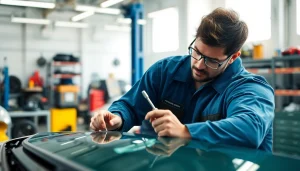 Technician executing a Windshield Replacement with precision tools in a bright, modern auto repair shop.