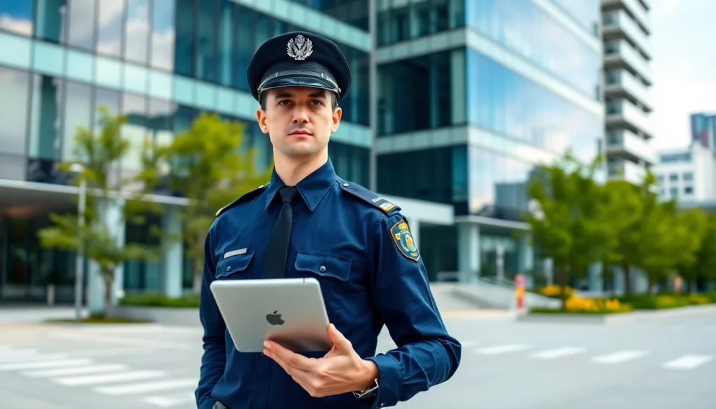 Security Company officer ensuring safety in an urban environment with high-tech tools.