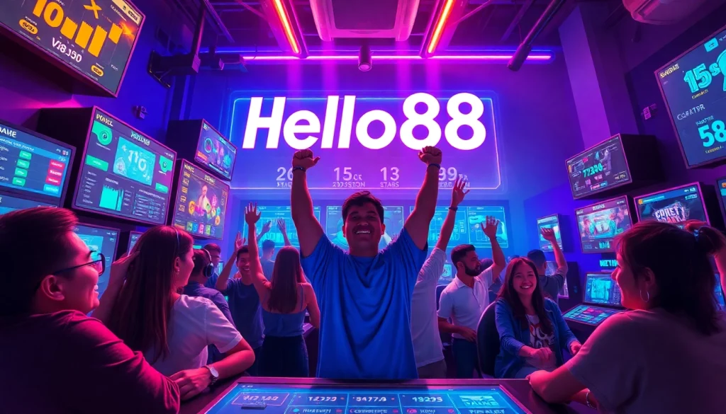 Hello88 gaming scene with diverse players celebrating in a vibrant, neon-lit environment.