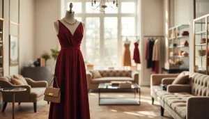 Rivelle fashion display showcasing an elegant dress in a boutique setting.