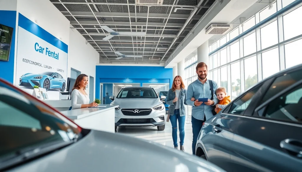 Rent a car Chisinau: modern car rental office with happy customers and helpful staff.