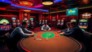 Experience excitement at V9bet's luxurious casino table with strategic poker plays.