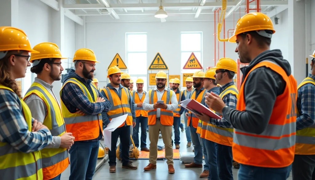 Engaged participants in construction safety training session, showcasing safety protocols and teamwork.